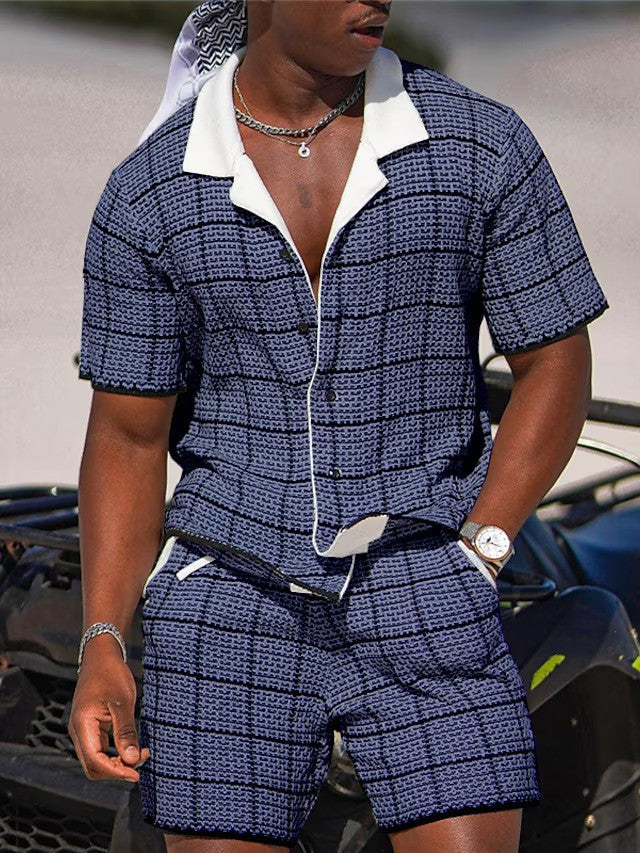 Conjunto Casual de Dos Piezas para Hombre: Camisa de Manga Corta y Shorts con Estampado Retro Premium