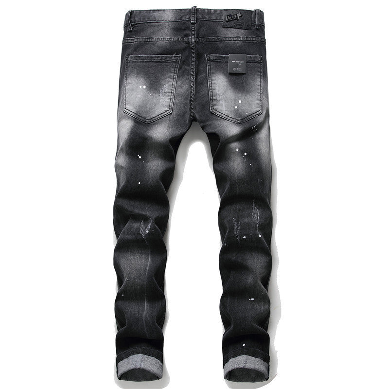 Jeans Slim Fit Estilo Urbano con Parches y Detalles de Pintura – Negro Efecto Gastado