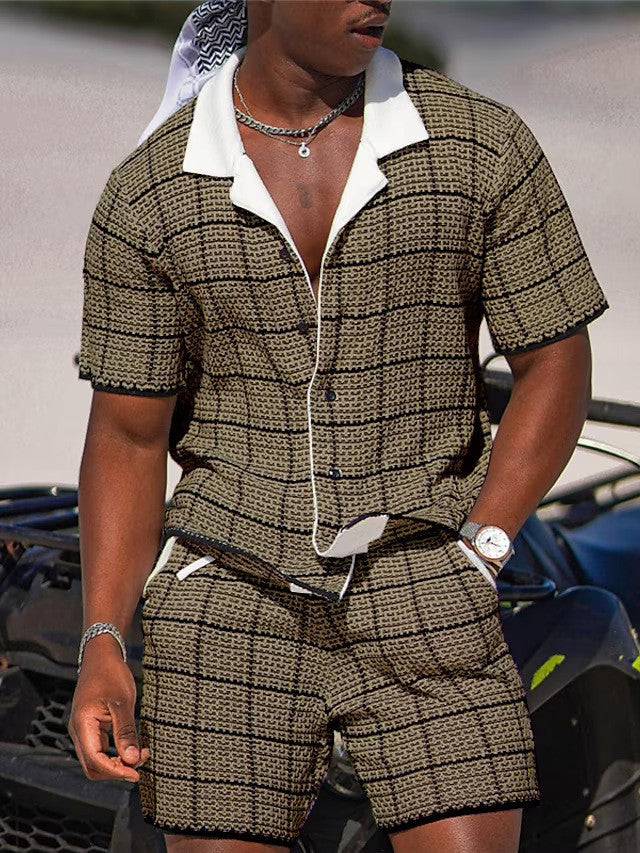 Conjunto Casual de Dos Piezas para Hombre: Camisa de Manga Corta y Shorts con Estampado Retro Premium