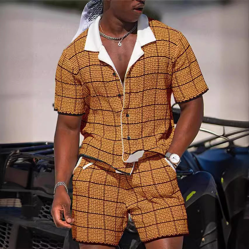 Conjunto Casual de Dos Piezas para Hombre: Camisa de Manga Corta y Shorts con Estampado Retro Premium