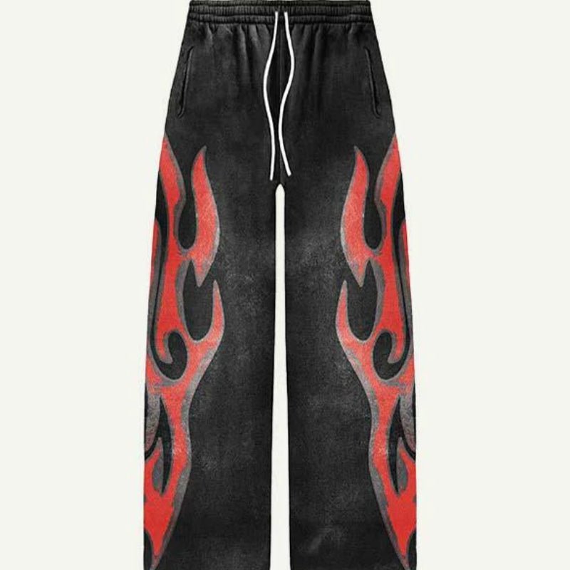 Pantalones Streetwear "Inferno" – Corte Recto con Gráficos de Llamas Rojas