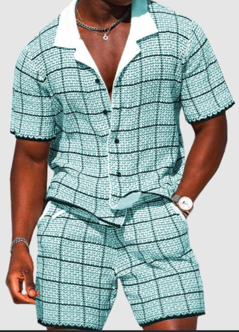Conjunto Casual de Dos Piezas para Hombre: Camisa de Manga Corta y Shorts con Estampado Retro Premium