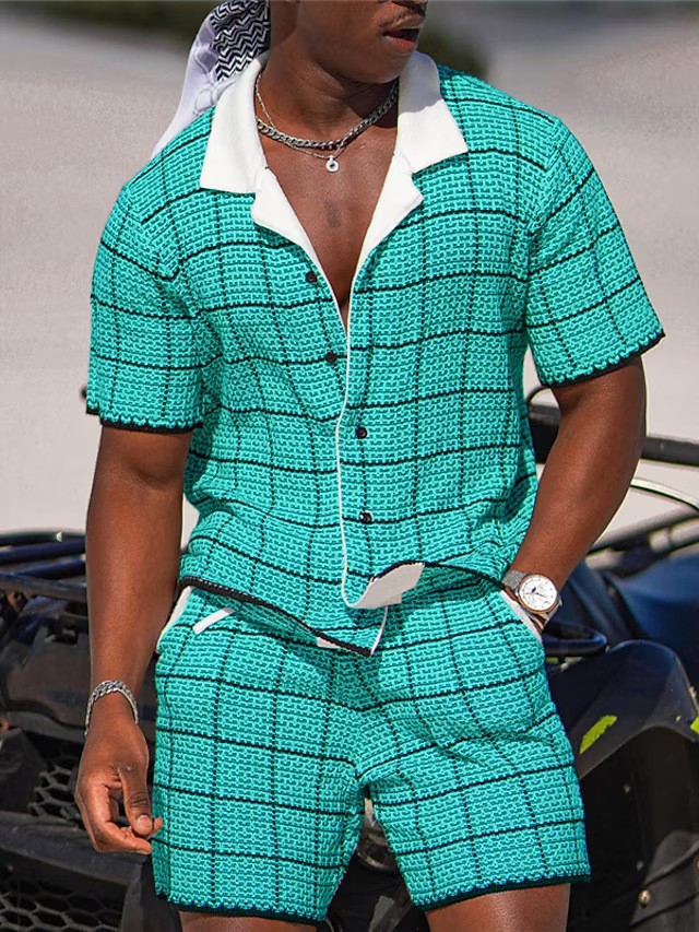 Conjunto Casual de Dos Piezas para Hombre: Camisa de Manga Corta y Shorts con Estampado Retro Premium