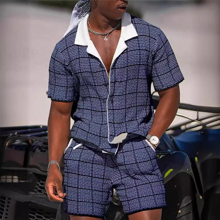 Conjunto Casual de Dos Piezas para Hombre: Camisa de Manga Corta y Shorts con Estampado Retro Premium