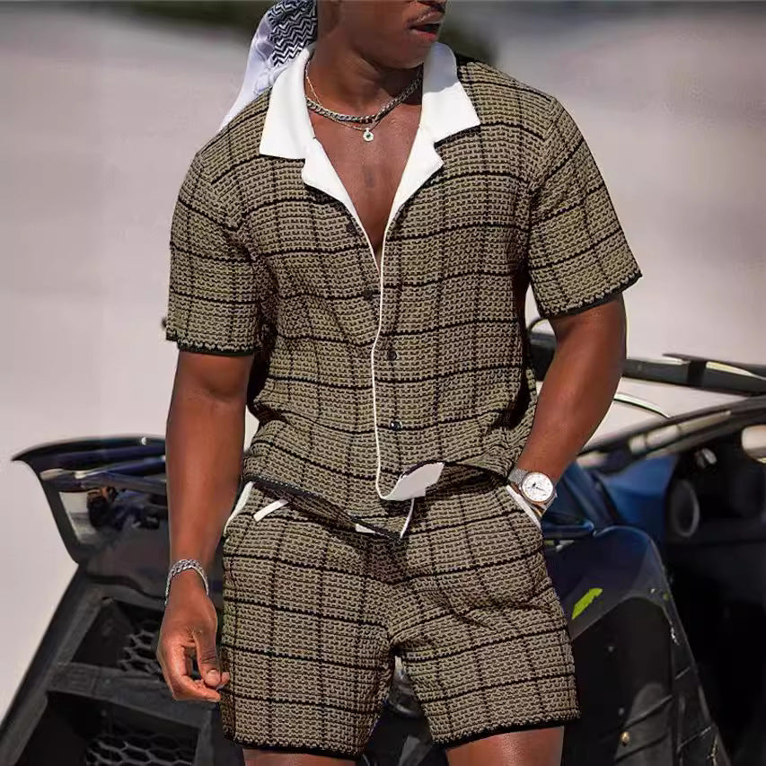 Conjunto Casual de Dos Piezas para Hombre: Camisa de Manga Corta y Shorts con Estampado Retro Premium