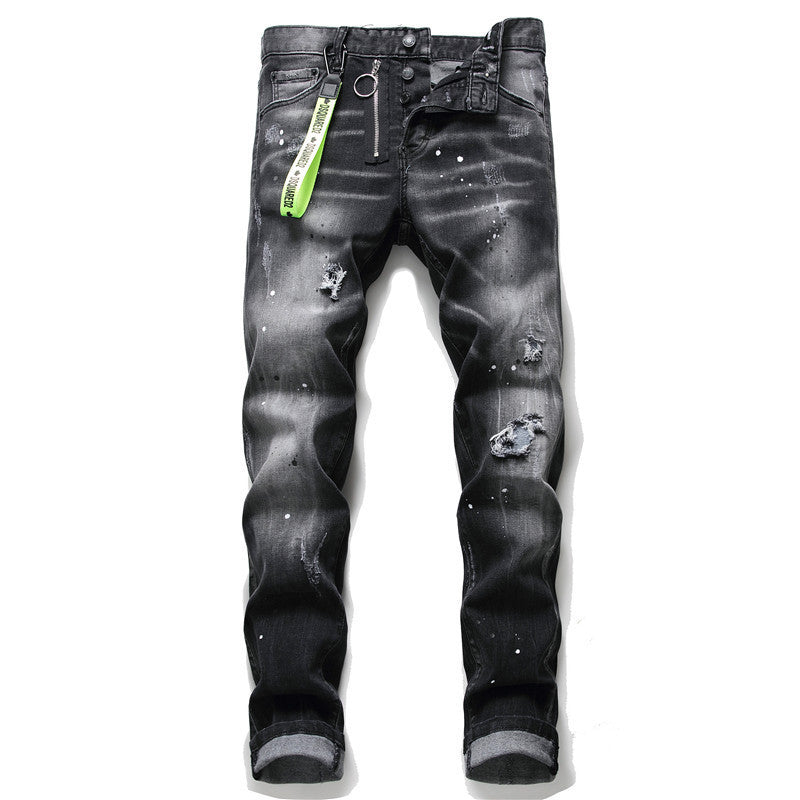 Jeans Slim Fit Estilo Urbano con Parches y Detalles de Pintura – Negro Efecto Gastado