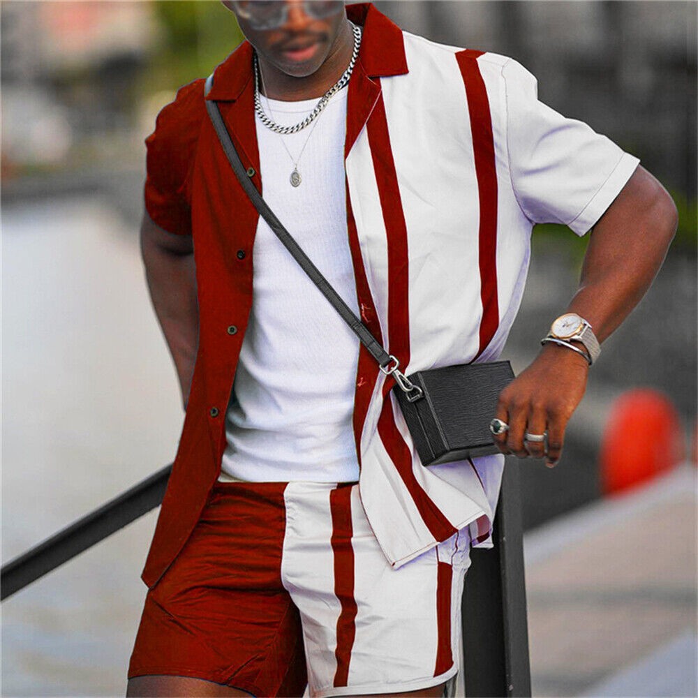 Conjunto Casual de Dos Piezas para Hombre: Camisa de Manga Corta y Shorts con Estampado Retro Premium