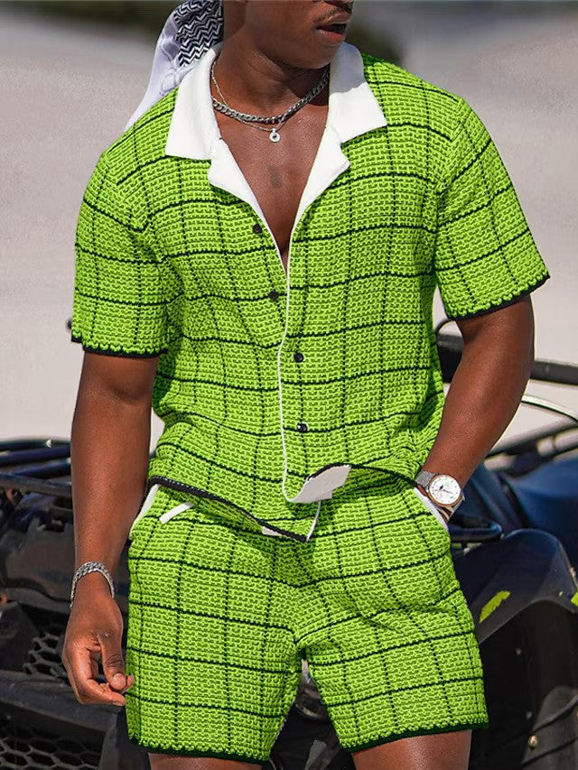 Conjunto Casual de Dos Piezas para Hombre: Camisa de Manga Corta y Shorts con Estampado Retro Premium