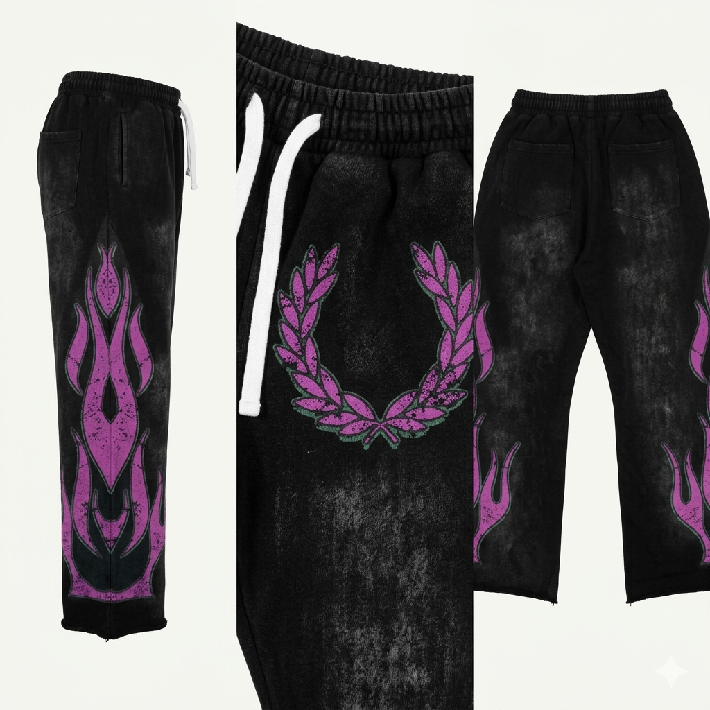 Pantalones Streetwear "Ignite" – Estilo Urbano con Gráficos de Llamas y Laurel