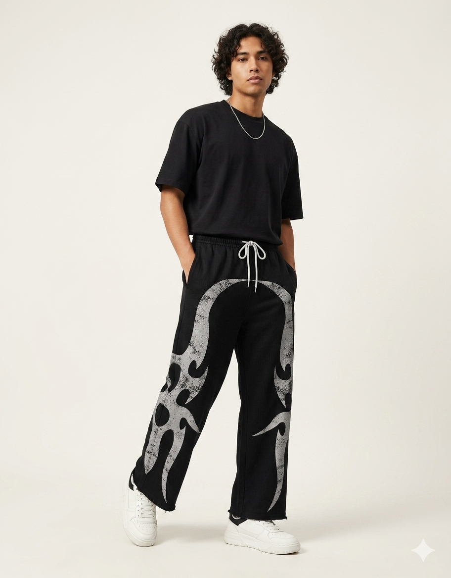 Pantalones de Calle para Hombre con Diseño de Llamas Grises – Estilo Urbano Casual y Cómodo