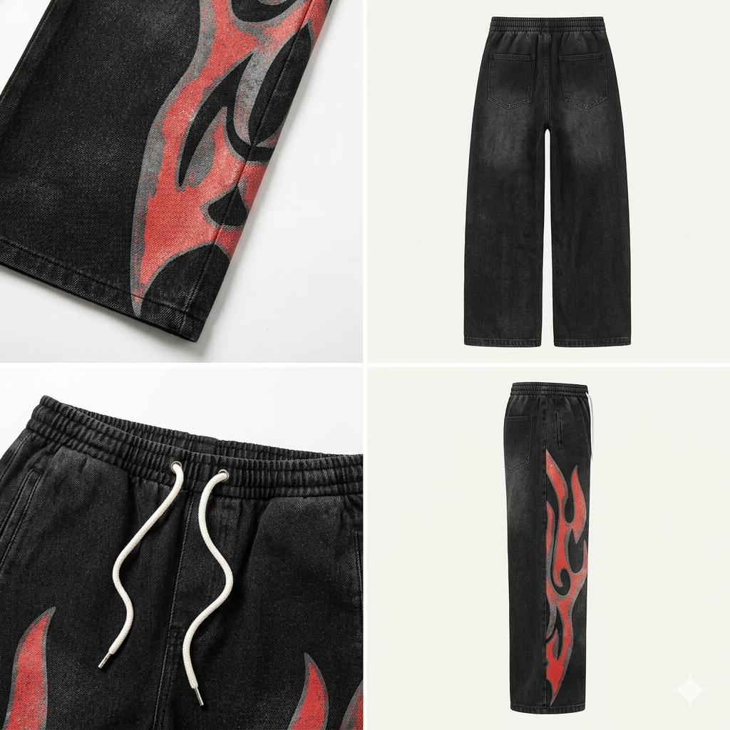 Pantalones Streetwear "Inferno" – Corte Recto con Gráficos de Llamas Rojas