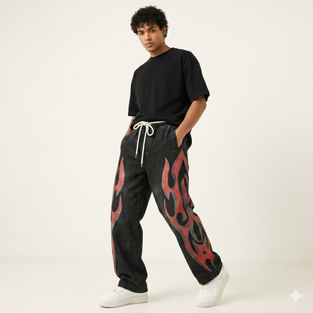 Pantalones Streetwear "Inferno" – Corte Recto con Gráficos de Llamas Rojas
