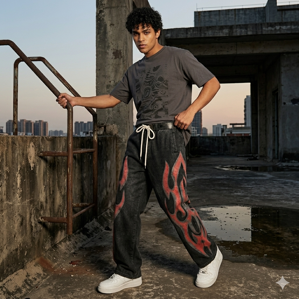 Pantalones Streetwear "Inferno" – Corte Recto con Gráficos de Llamas Rojas