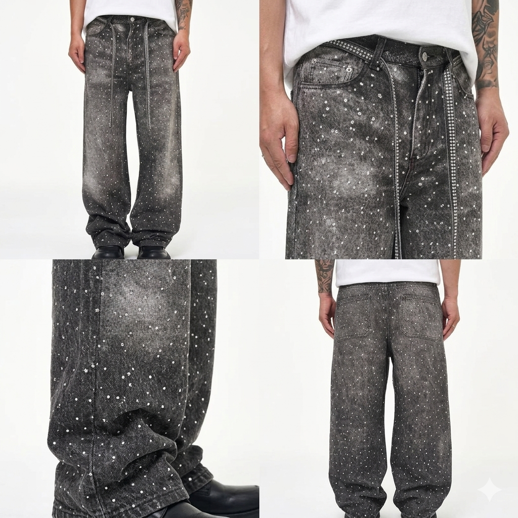 Streetwear Loose-Fit Rhinestone Denim – Vaqueros Premium con Detalles de Cristales