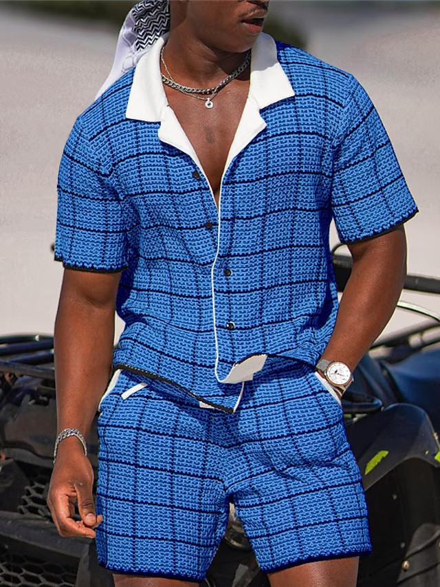 Conjunto Casual de Dos Piezas para Hombre: Camisa de Manga Corta y Shorts con Estampado Retro Premium