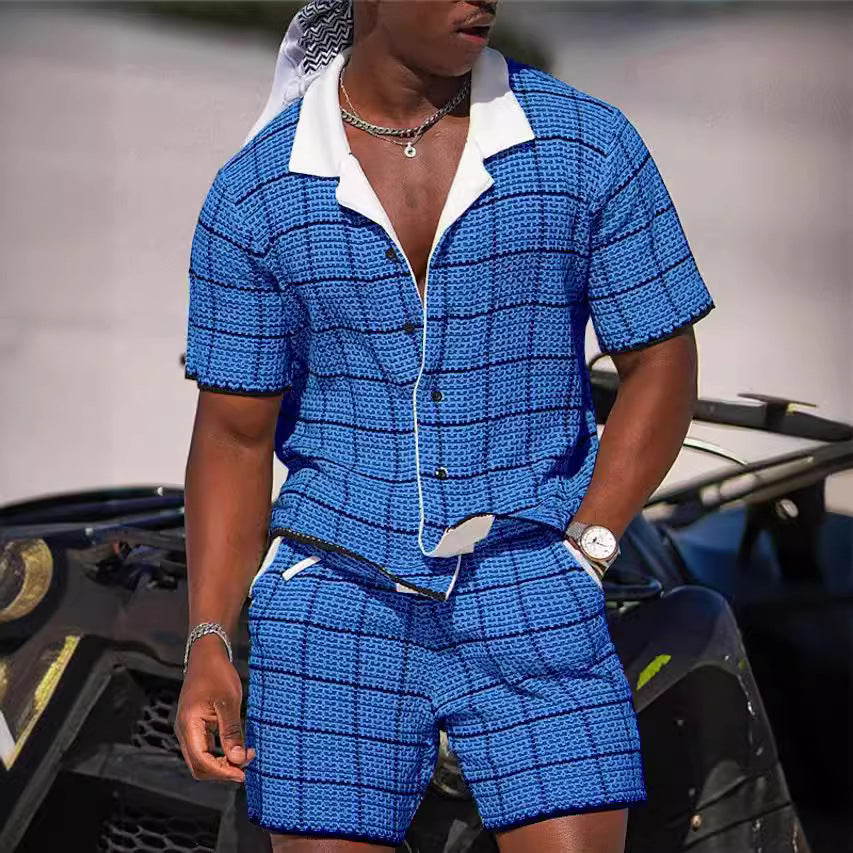 Conjunto Casual de Dos Piezas para Hombre: Camisa de Manga Corta y Shorts con Estampado Retro Premium