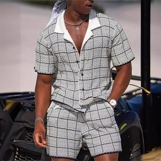 Conjunto Casual de Dos Piezas para Hombre: Camisa de Manga Corta y Shorts con Estampado Retro Premium