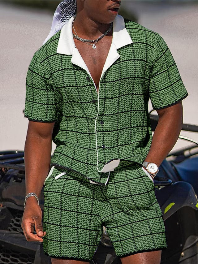 Conjunto Casual de Dos Piezas para Hombre: Camisa de Manga Corta y Shorts con Estampado Retro Premium