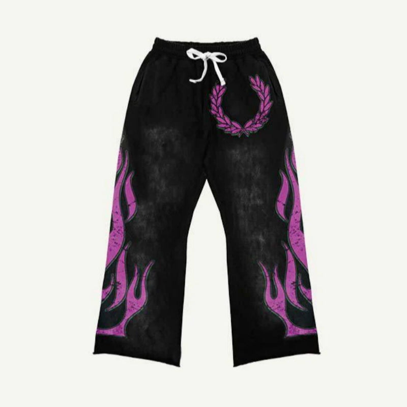 Pantalones Streetwear "Ignite" – Estilo Urbano con Gráficos de Llamas y Laurel