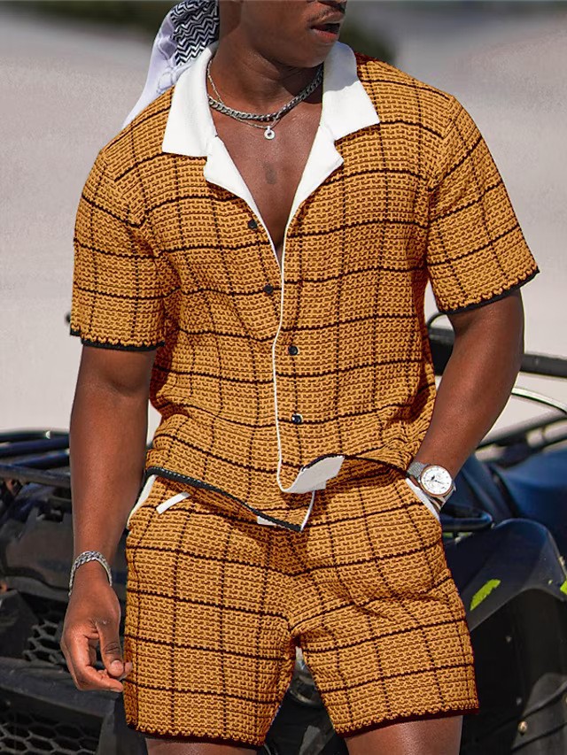 Conjunto Casual de Dos Piezas para Hombre: Camisa de Manga Corta y Shorts con Estampado Retro Premium