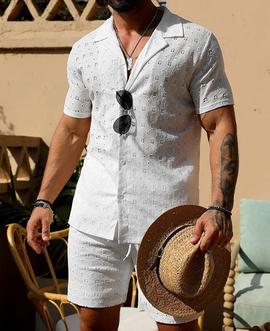 Conjunto Casual de Dos Piezas para Hombre: Camisa de Manga Corta y Shorts con Estampado Retro Premium